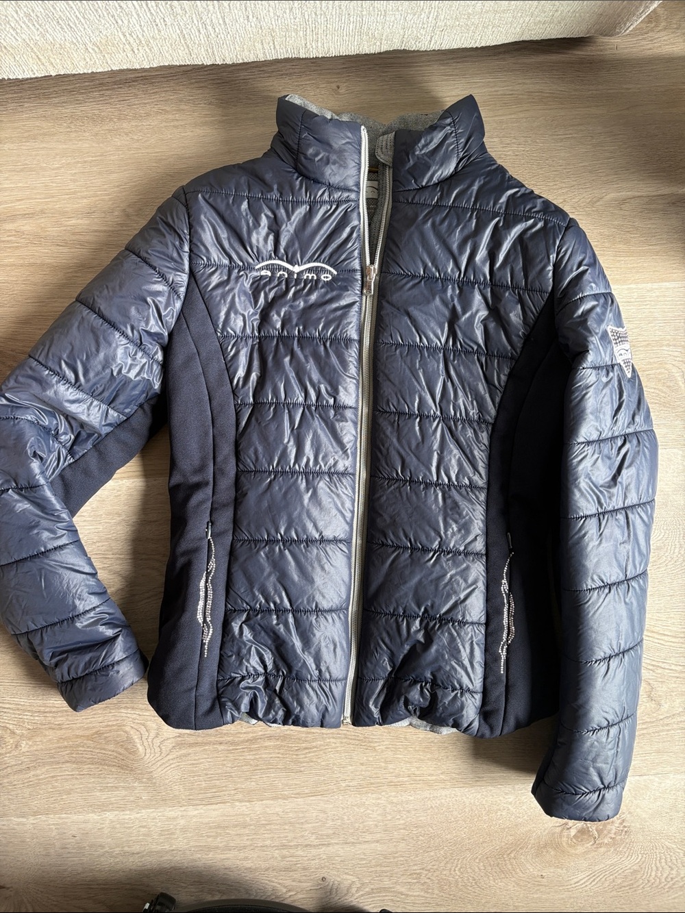 Women's Navy Quilted Puffer Jacket with Contrast Panels and Crystal Details